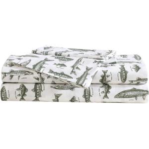 Eddie Bauer – Twin Sheet Set, Cotton Percale Bed Sheets, Crisp & Cool, Ideal Dorm Essentials (Canoe Lake Paddle White, Twin)(Green)