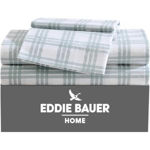 Eddie Bauer – Twin Sheet Set, Cotton Percale Bed Sheets, Crisp & Cool, Ideal Dorm Essentials (Canoe Lake Paddle White, Twin)(Light Green Plaid)