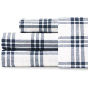 Eddie Bauer – Twin Sheet Set, Cotton Percale Bed Sheets, Crisp & Cool, Ideal Dorm Essentials (Canoe Lake Paddle White, Twin)(Plaid Navy/White)