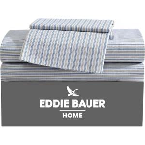 Eddie Bauer – Twin Sheet Set, Cotton Percale Bed Sheets, Crisp & Cool, Ideal Dorm Essentials (Canoe Lake Paddle White, Twin)(Ticking Stripe Navy/Green)