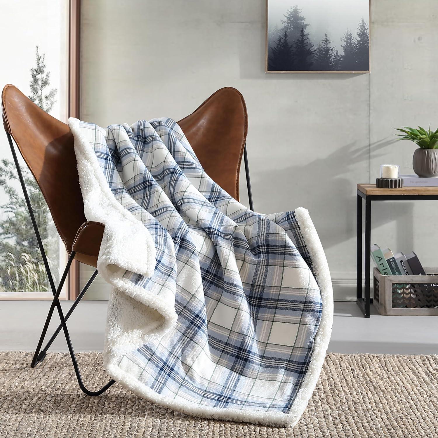 imageEddie Bauer Blanket Super Soft Reversible Sherpa amp Brushed Fleece Bedding Throw Blankets for Couch Ideal for Lounging Edgewood Plaid Blue