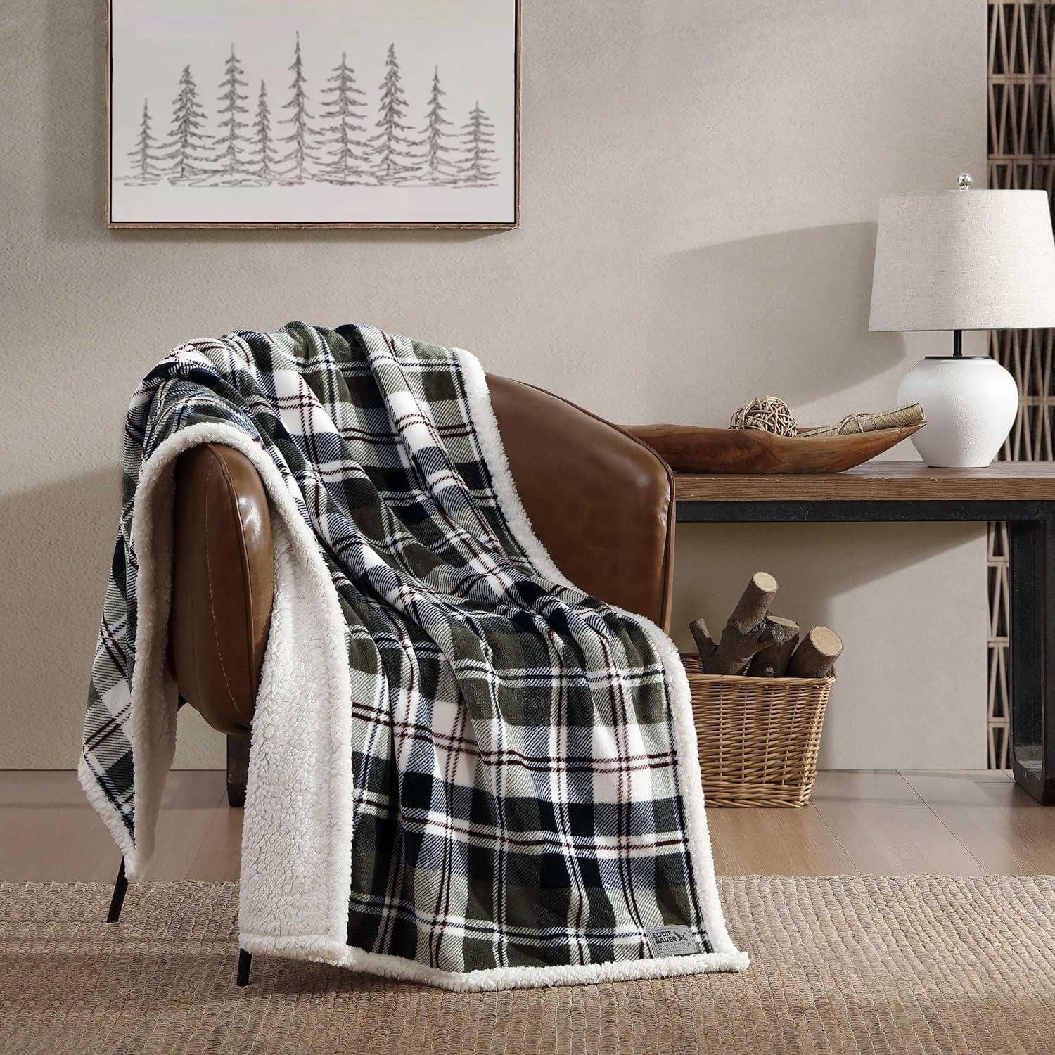 imageEddie Bauer Twin Size Blanket UltraSoft Plush Bed Blanket with Faux Shearling Reverse Throw Blanket for Couch amp Bed Mountain Plaid Chrome GreyTrailhead Plaid Green