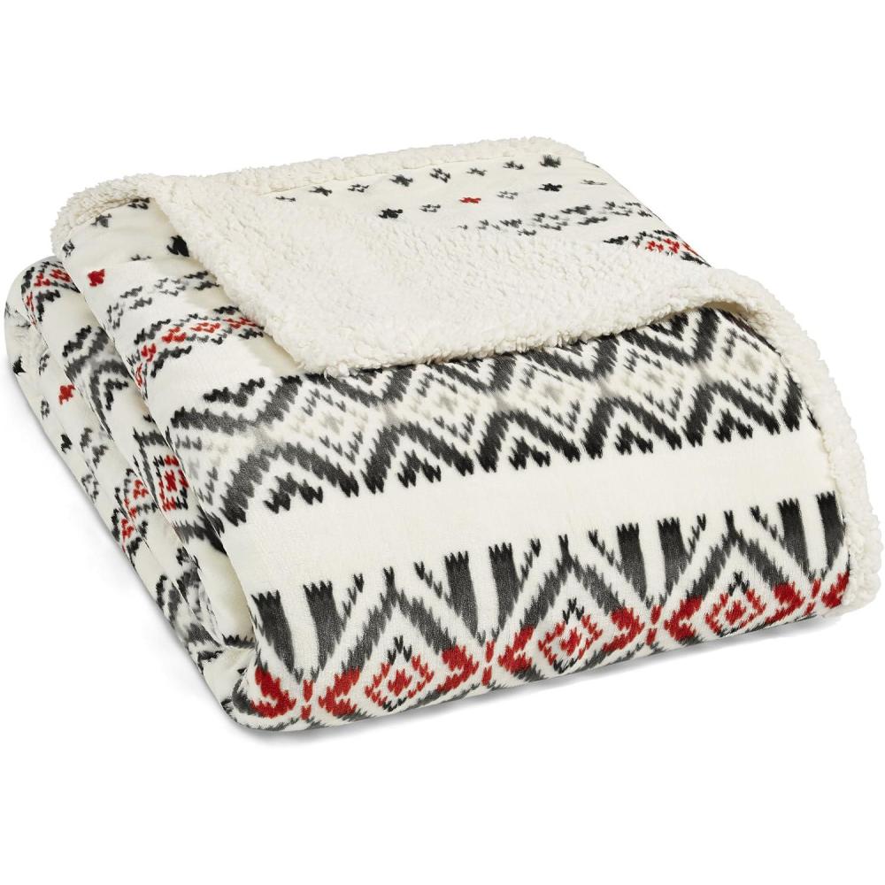 imageEddie Bauer Twin Size Blanket UltraSoft Plush Bed Blanket with Faux Shearling Reverse Throw Blanket for Couch amp Bed Mountain Plaid Chrome GreyMountain Village Red