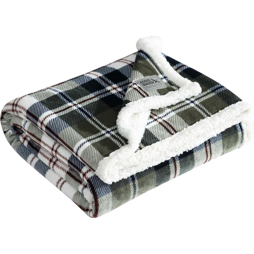 imageEddie Bauer Twin Size Blanket UltraSoft Plush Bed Blanket with Faux Shearling Reverse Throw Blanket for Couch amp Bed Mountain Plaid Chrome GreyTrailhead Plaid Green